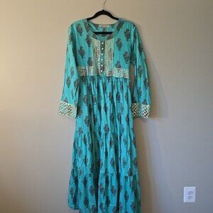 Kashkha Turquoise Floral Block Print Tiered Maxi Dress Gold Trim Long Sleeve L